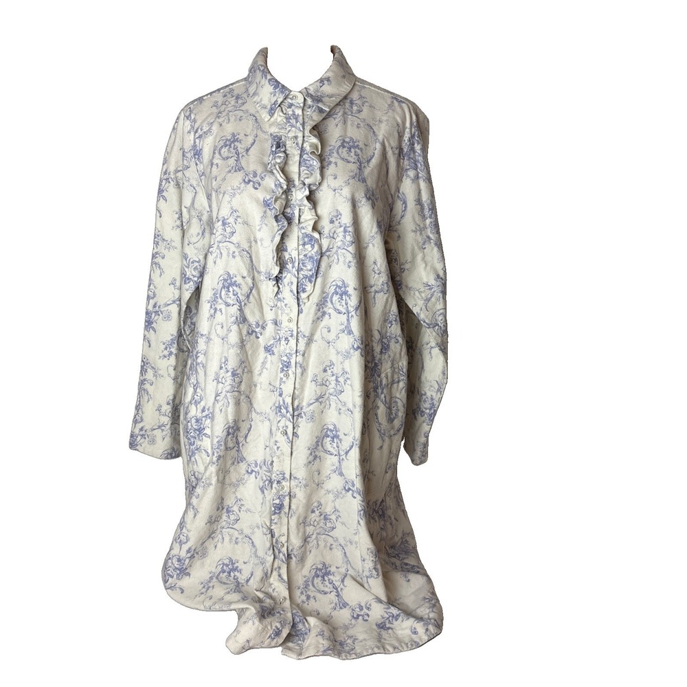 Soft Surroundings Womens L Nightgown 100% Cotton Button Front Long Slv ruffle